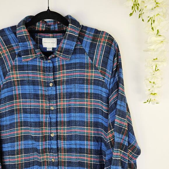 American Eagle XL Plaid Button Down Flannel Shirt Blue Cozy Fall Grunge Layering - Picture 4 of 11